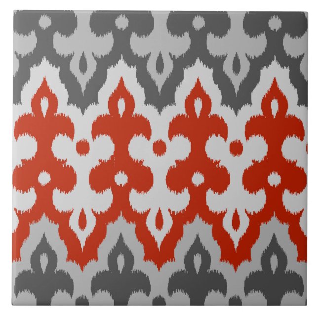 Azulejo De Cerámica Marroquí Ikat Damask, gris gráfico y rojo (Frente)