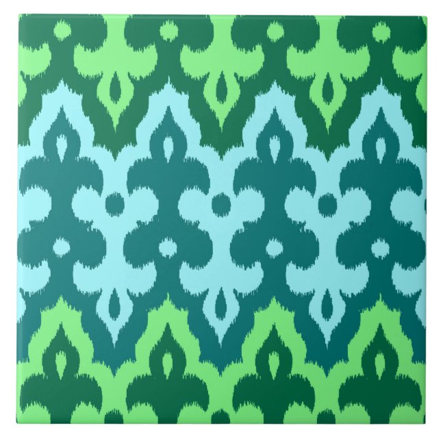 Azulejo De Cerámica Marroquí Ikat Damask, Turquoise & Jade Green (Frente)