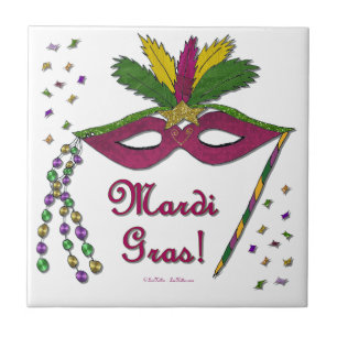 Azulejo De Cerámica Máscara de Mardi Gras Plumas Cuentas