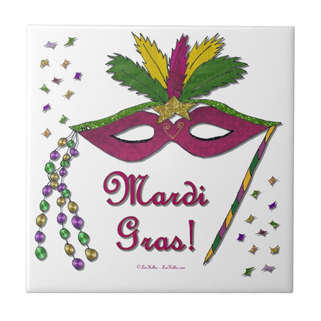 Azulejo De Cerámica Máscara de Mardi Gras Plumas Cuentas (Frente)