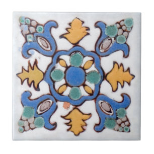 Azulejo De Cerámica Mayólica vieja 2 pintada a mano en colores crema