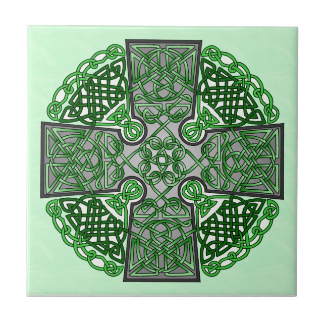 Azulejo De Cerámica Medallón verde de la cruz céltica (Frente)