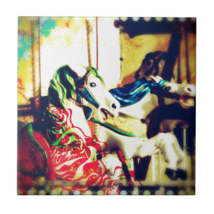 Azulejo De Cerámica Merry-Go-Round Horses Verano Flashback Digital Art