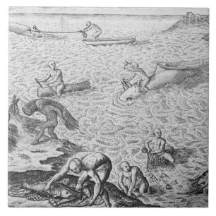 Azulejo De Cerámica Método indio americano de caza de ballenas, de un