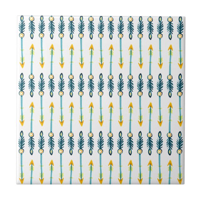 Azulejo De Cerámica moda boho mosaico de flechas azules amarillas (Frente)