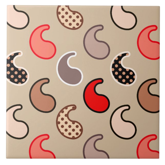 Azulejo De Cerámica Moda paisley moderna, beige, rojo, gris y coral (Frente)