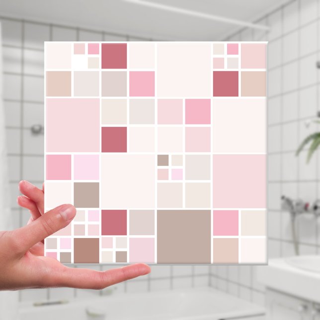 Azulejo De Cerámica Moda Peach Rubor Tile rosado Beige Baño (Modern bathroom tile featuring a checkered pattern in soft pastel peach, pink and sandy brown)