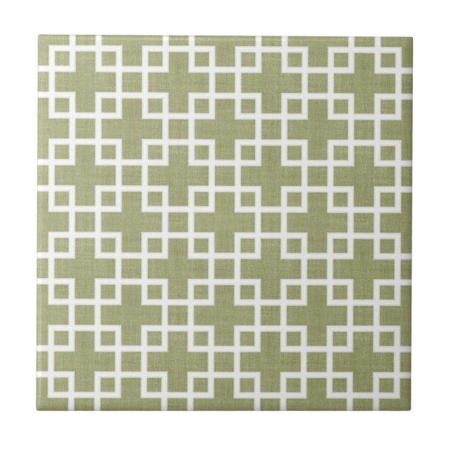 Azulejo De Cerámica Moda Retro Blanco Cuadrado Patrón En Verde Olivo (Frente)
