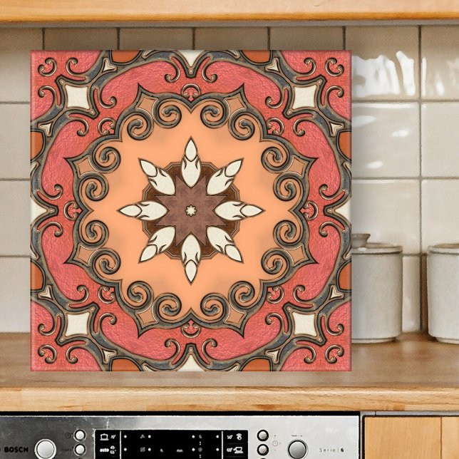 Azulejo De Cerámica Moda Retro Floral Mediterráneo Tile Geométrico (Abstract design tile showing a geometric floral pattern inspired by Mediterranean art in terracotta)