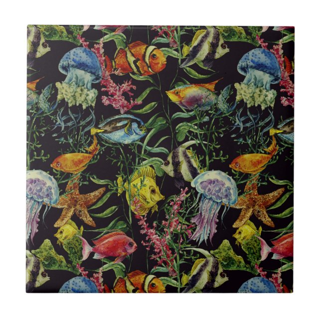 Azulejo De Cerámica Modelo 1 de la vida marina de la acuarela (Frente)