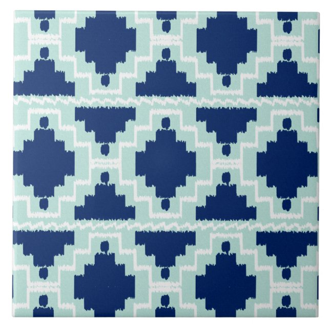 Azulejo De Cerámica Modelo azteca de Ikat - añil y azul claro (Frente)