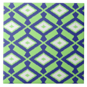 Azulejo De Cerámica Modelo de Ikat - verde, azul añil y blanco