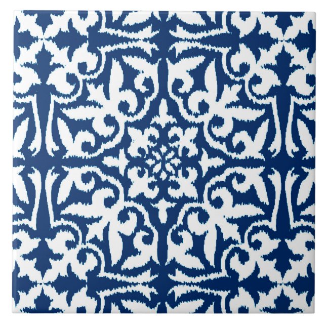 Azulejo De Cerámica Modelo del damasco de Ikat - azul y blanco de (Frente)