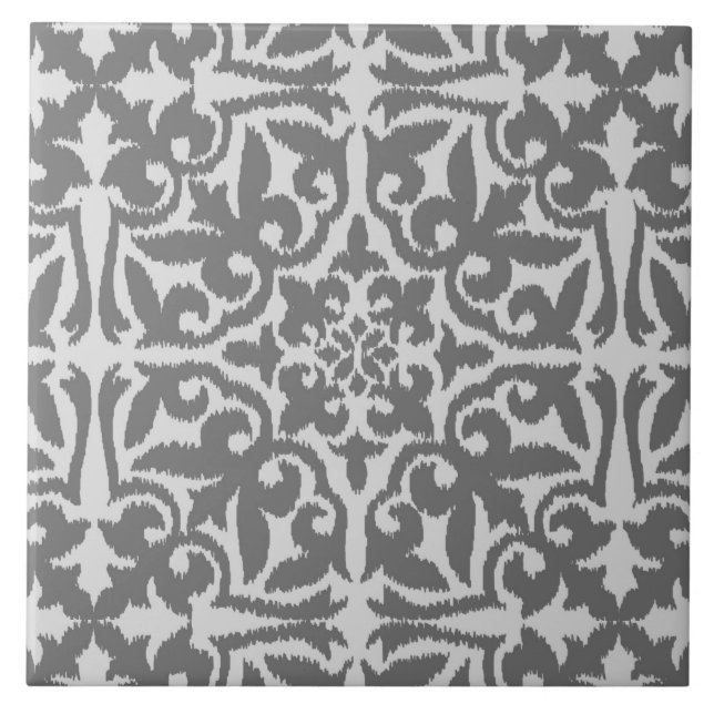 Azulejo De Cerámica Modelo del damasco de Ikat - luz y gris medio (Frente)