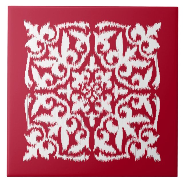 Azulejo De Cerámica Modelo del damasco de Ikat - rojo oscuro y blanco (Frente)