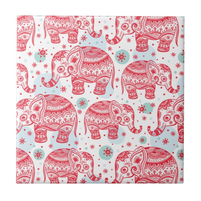 Azulejo De Cerámica Modelo étnico rojo del elefante (Frente)