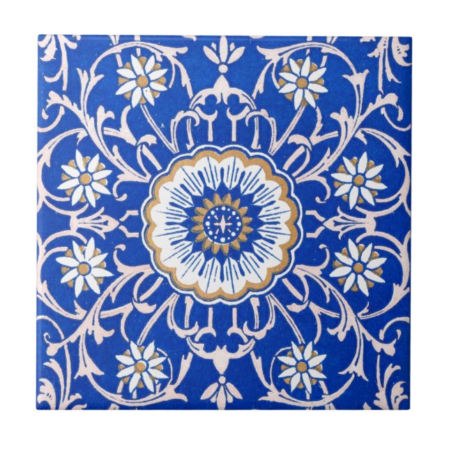 Azulejo De Cerámica Modelo floral azul de la mandala (Frente)