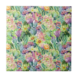 Azulejo De Cerámica Modelo floreciente exótico de los cactus de la