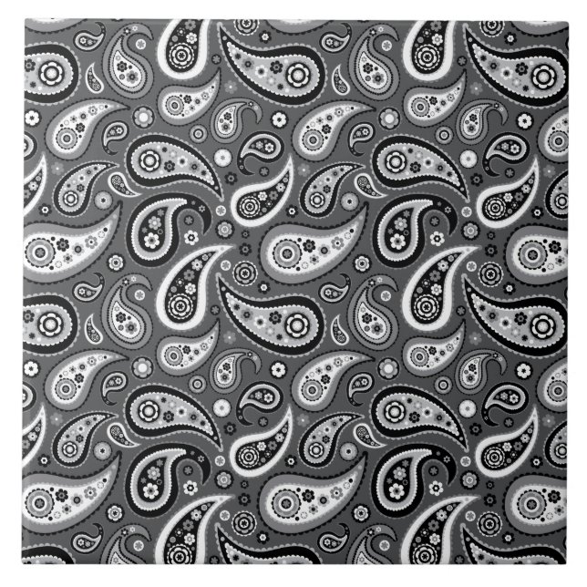 Azulejo De Cerámica Modelo negro y gris retro de Paisley (Frente)