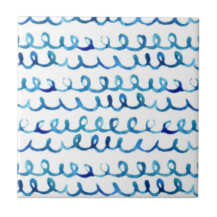 Azulejo De Cerámica Modelo ondulado de la acuarela azul pintada a mano