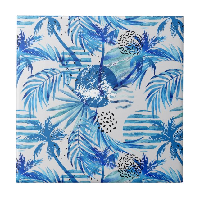 Azulejo De Cerámica Modelo tropical azul brillante de la acuarela (Frente)