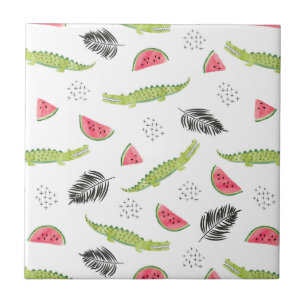 Azulejo De Cerámica Modelo tropical de la sandía y del cocodrilo