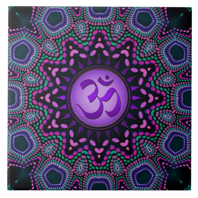 Azulejo De Cerámica Moderna Tile De Cerámica Tribal Purple Om Mandala (Frente)