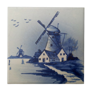 Azulejo De Cerámica Molino de viento azul vintage Delft