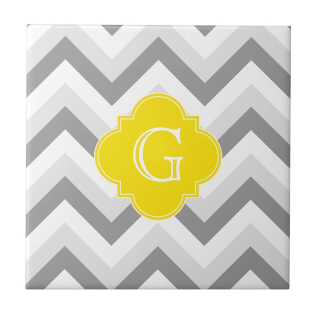 Azulejo De Cerámica Monograma amarillo Chevron blanco gris (Frente)