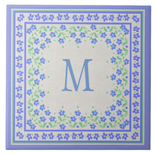 Azulejo De Cerámica Monograma Blue Periwinkles Floral Border Faux Line
