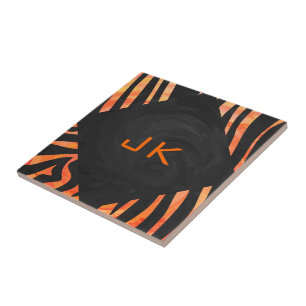 Azulejo De Cerámica Monograma de cebra naranja y negro