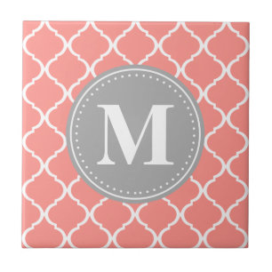 Azulejo De Cerámica Monograma de gris rosado del Entramado marroquí de