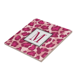 Azulejo De Cerámica Monograma de leopardo rosa y rojo de moda