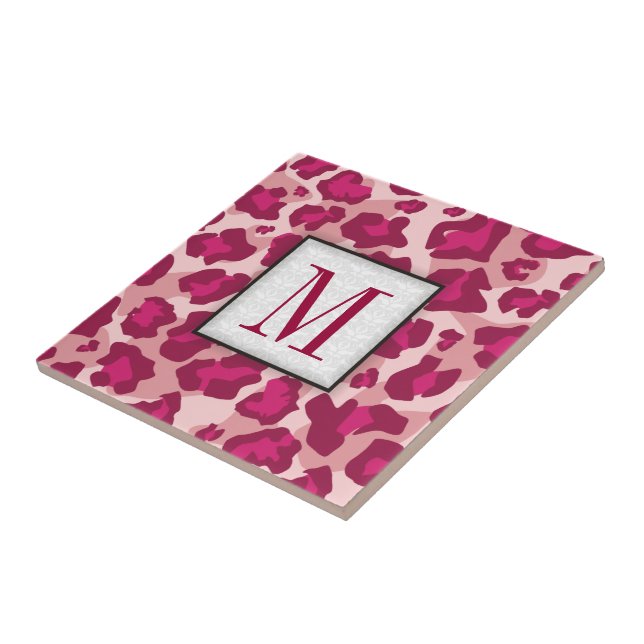 Azulejo De Cerámica Monograma de leopardo rosa y rojo de moda (Lado)