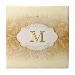Azulejo De Cerámica Monograma de perla de marfil y oro