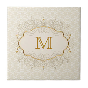Azulejo De Cerámica Monograma de perla de marfil y oro