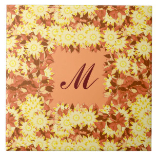 Azulejo De Cerámica Monograma enmarcado con flores - cacao y amarillo