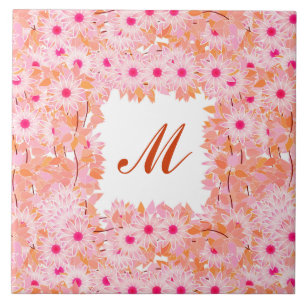 Azulejo De Cerámica Monograma enmarcado con flores - rosa y melocotón