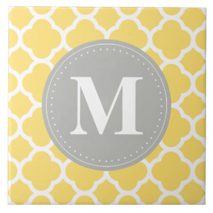 Azulejo De Cerámica Monograma gris Patrón de cuatrefolios amarillos