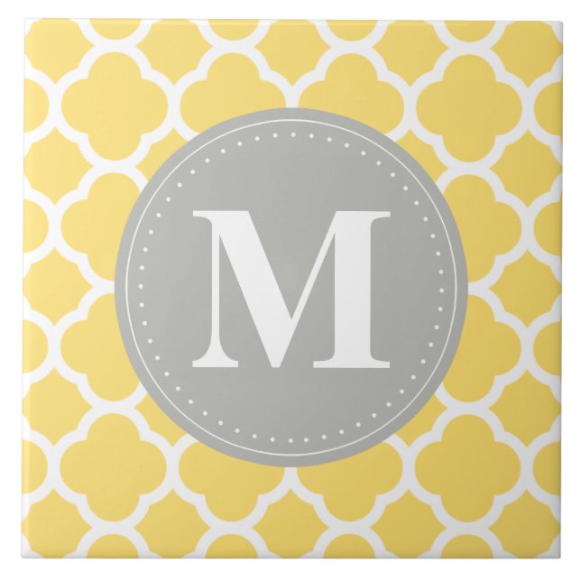Azulejo De Cerámica Monograma gris Patrón de cuatrefolios amarillos (Frente)