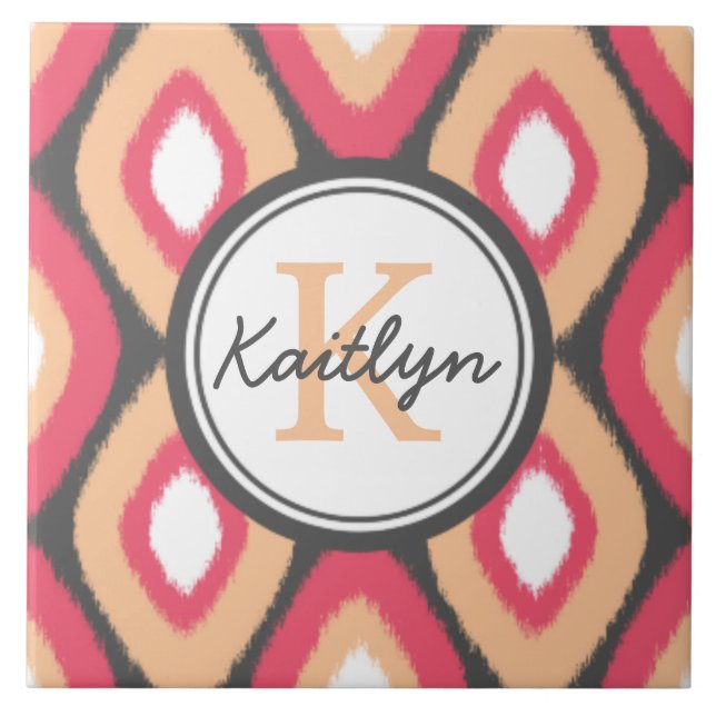 Azulejo De Cerámica Monograma Ikat Diamontes Patrón Gris Rosa (Frente)