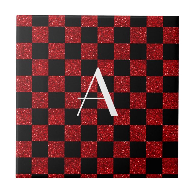 Azulejo De Cerámica Monograma purpurina rojo y negro a cuadros (Frente)