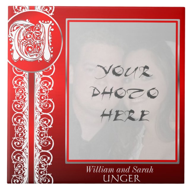 Azulejo De Cerámica Monograma U "Lace blanco sobre rojo" con foto - Ti (Frente)