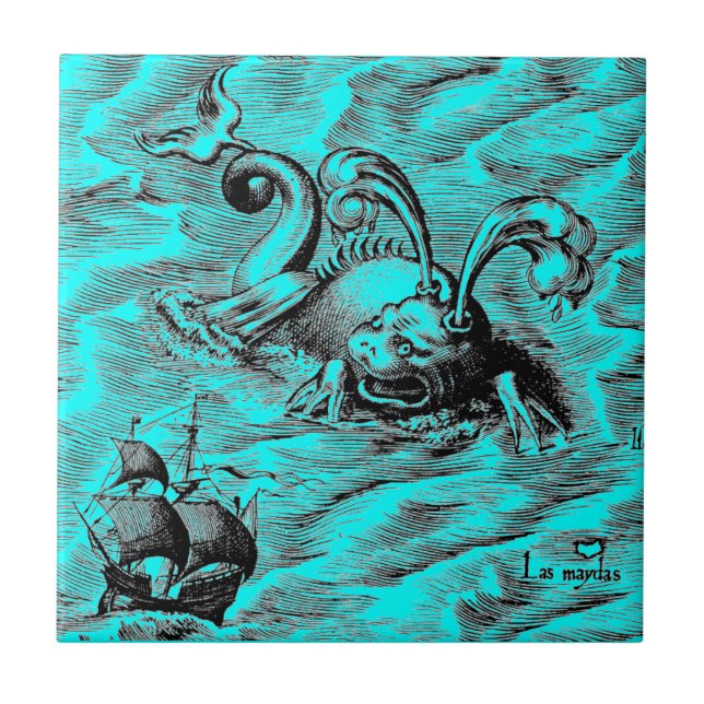 Azulejo De Cerámica Monstruo del Mar Ártico y barco de vela (Frente)