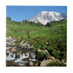 Azulejo De Cerámica Monte Rainier, cascada, cubierto de nieve