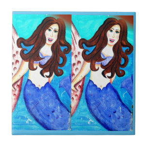 Azulejo De Cerámica morena gemela mermaids azul