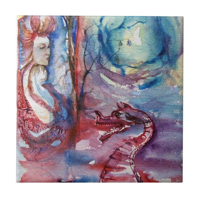 Azulejo De Cerámica MORGANA / Mágica y misterio ,Fantasía azul rosada (Frente)