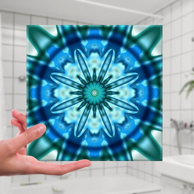 Azulejo De Cerámica Mosaico de arte fractal del océano mágico (Bathroom tile with a beautiful blue and teal geometrical abstract fractal design)