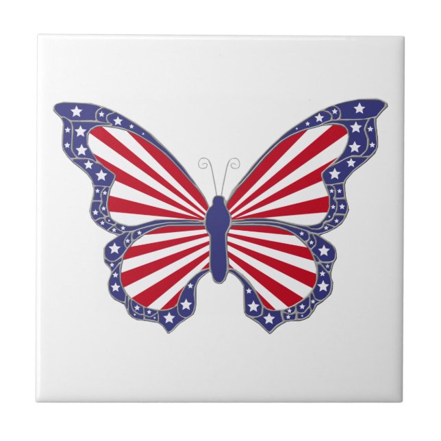 Azulejo De Cerámica Mosaico De Mariposa Azul Y Blanco Rojo Patriótico (Frente)