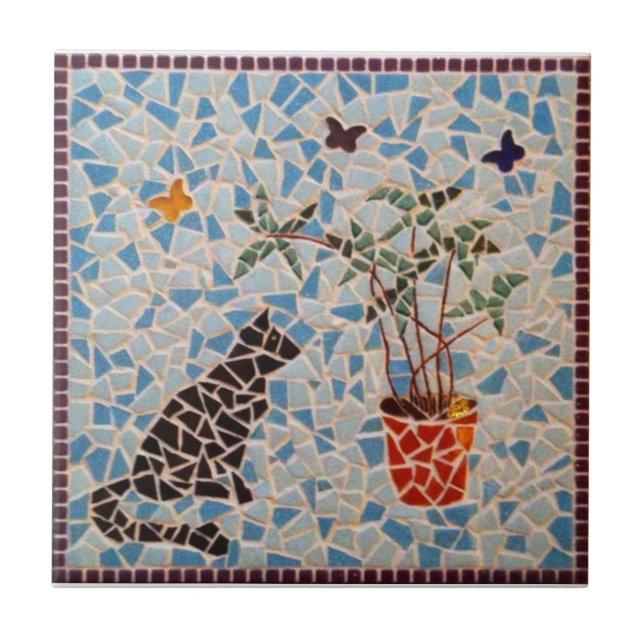 Azulejo De Cerámica Mosaico del gato negro (Frente)
